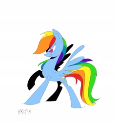 Size: 1967x2048 | Tagged: safe, artist:brdte, rainbow dash, pegasus, pony, g4, female, mare, raised hoof, signature, simple background, smiling, smirk, solo, spread wings, white background, wings