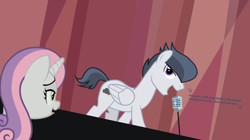 Size: 1364x764 | Tagged: safe, artist:lunaticdawn, rumble, sweetie belle, pegasus, pony, unicorn, g4, bedroom eyes, drool, female, male, mare, microphone, microphone stand, oh no he's hot, older, older rumble, older sweetie belle, ship:rumbelle, shipping, show accurate, singing, stage, stallion, standing, straight, text, tongue out