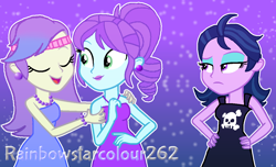 Size: 1162x706 | Tagged: safe, artist:rainbowstarcolour262, crystal lullaby, snow flower, zephyr, human, equestria girls, g4, bare shoulders, black dress, blue dress, bracelet, clothes, dress, dyed hair, ear piercing, earring, eyes closed, eyeshadow, female, gradient background, green eyes, hand on hip, hand on shoulder, headband, jewelry, lidded eyes, lipstick, long hair, looking at each other, looking at someone, makeup, necklace, pearl bracelet, pearl necklace, piercing, ponytail, purple dress, purple eyes, short hair, signature, sleeveless, sleeveless dress, strapless, strapless dress, trio, trio female, unamused