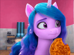 Size: 480x361 | Tagged: safe, screencap, izzy moonbow, pony, unicorn, bridlewoodstock (make your mark), g5, my little pony: make your mark, my little pony: make your mark chapter 4, spoiler:g5, spoiler:my little pony: make your mark, spoiler:my little pony: make your mark chapter 4, spoiler:mymc04e01, animated, bridlewoodstock, cropped, cute, eating, female, floppy ears, food, gif, head tilt, i watch it for the ears, izzy's nom, izzybetes, mare, nervous, nodding, nom, pancakes, solo