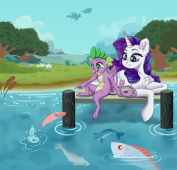 Size: 5000x4800 | Tagged: safe, artist:silverfir, rainbow dash, rarity, spike, twilight sparkle, alicorn, dragon, fish, pony, unicorn, g4, chest fluff, claws, eyeshadow, fangs, female, field, flying, folded wings, happy, lake, lying down, makeup, male, mare, mountain, pier, ship:sparity, shipping, sitting, sky, smiling, straight, summer, tree, twilight sparkle (alicorn), water, winged spike, wings