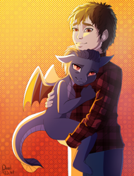 Size: 1600x2100 | Tagged: safe, artist:pearl123_art, oc, dragon, human, fanfic:the lost element, clothes, fanfic art, father, father and child, father and son, glowing, gradient background, holding up, loving gaze, male, offspring, parent:oc, parent:princess ember, parents:canon x oc, plaid shirt, shirt, sleepy, warm