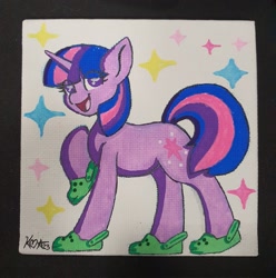 Size: 2034x2048 | Tagged: safe, artist:koapony, twilight sparkle, pony, unicorn, g4, crocs, eye clipping through hair, happy, high res, looking at you, open mouth, open smile, raised hoof, smiling, solo, sparkles, traditional art, twilight crockle, unicorn twilight