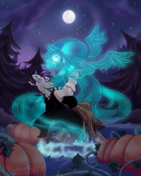 Size: 4840x6050 | Tagged: safe, artist:silverfir, oc, ghost, ghost pony, pony, undead, bow, cloak, clothes, cloud, cloudy, corset, dancing, dress, forest, heart, long hair, long mane, long tail, magic, moon, night, night sky, pumpkin, raised hoof, sad, shooting star, sky, smiling, spread wings, spruce tree, stars, tail, tree, windswept mane, wings