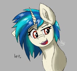 Size: 2152x1977 | Tagged: safe, artist:reddthebat, dj pon-3, vinyl scratch, pony, unicorn, g4, bet, bust, female, gray background, mare, missing accessory, open mouth, open smile, simple background, smiling, solo, sternocleidomastoid