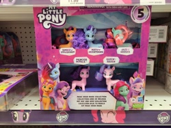 Size: 4032x3024 | Tagged: safe, photographer:benjamin_li, jazz hooves, misty brightdawn, pinkie pie, pipp petals, queen haven, sunny starscout, twilight sparkle, earth pony, pegasus, pony, unicorn, g4, g5, brushable, ears, hasbro, hasbro logo, irl, jazz hooves has ears!, logo, mane stripe sunny, my little pony logo, photo, rebirth misty, toy, toys r us