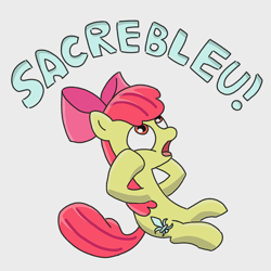 Size: 2048x2048 | Tagged: safe, artist:borgib, apple bloom, earth pony, pony, g4, the cutie pox, alternate cutie mark, female, filly, foal, french, high res, open mouth, sacrebloom, simple background, sitting, solo, speaking fancy, white background