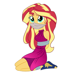 Size: 2000x2000 | Tagged: safe, artist:nie-martw-sie-o-mnie, sunset shimmer, human, equestria girls, equestria girls series, g4, spring breakdown, spoiler:eqg series (season 2), bondage, bound and gagged, cloth gag, female, gag, high res, over the nose gag, sandals, simple background, solo, tape, tape bondage, tied up, transparent background
