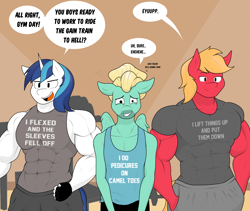 Size: 2091x1762 | Tagged: safe, artist:matchstickman, big macintosh, shining armor, zephyr breeze, earth pony, pegasus, unicorn, anthro, g4, abs, biceps, clothes, deltoids, dialogue, eeyup, great macintosh, gym, male, muscles, muscular male, nervous, pecs, shirt, sleeveless, speech bubble, swelling armor, trio