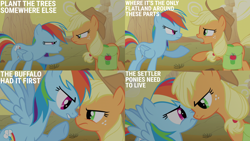 Size: 2000x1125 | Tagged: safe, edit, edited screencap, editor:quoterific, screencap, applejack, rainbow dash, earth pony, pegasus, pony, g4, over a barrel, bag, saddle bag