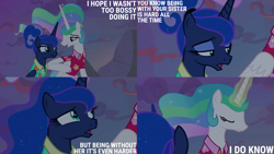 Size: 2000x1125 | Tagged: safe, edit, edited screencap, editor:quoterific, screencap, princess celestia, princess luna, alicorn, pony, between dark and dawn, g4, alternate hairstyle, clothes, eye contact, eyes closed, hair bun, hawaiian shirt, lidded eyes, looking at each other, looking at someone, magic, magic aura, nudge, ponytail, shirt