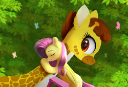 Size: 1879x1275 | Tagged: safe, artist:darksly, clementine, fluttershy, butterfly, giraffe, pegasus, pony, g4, blushing, colored pinnae, duo, eyes closed, female, folded wings, hug, ladder, leaves, looking at someone, mare, neck hug, pale belly, wings