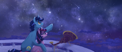 Size: 6797x2930 | Tagged: safe, artist:shaslan, night light, twilight sparkle, pony, unicorn, g4, duo, father and child, father and daughter, female, male, night, shooting star, stargazing, telescope, unicorn twilight