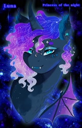 Size: 1236x1920 | Tagged: safe, artist:brot-art, princess luna, alicorn, bat pony, pony, g4, bedroom eyes, bust, fangs, solo, space, sparkles, wallpaper