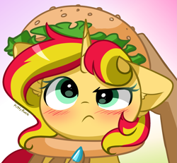 Size: 1785x1650 | Tagged: safe, artist:kittyrosie, sunset shimmer, human, pony, unicorn, g4, :c, bacon, blushing, bun (food), burger, cute, food, frown, gradient background, hamburger, hand, meat, offscreen character, pov, shimmerbetes, solo focus