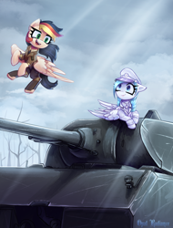 Size: 2192x2890 | Tagged: safe, artist:opal_radiance, oc, oc only, oc:anja snow, oc:opal rosamond, pegasus, pony, equestria at war mod, clothes, duo, duo female, female, flying, folded wings, high res, mare, maus, maus tank, open mouth, open smile, pegasus oc, signature, smiling, snow, spread wings, suit, tank (vehicle), uniform, white, wings, world war ii