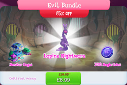 Size: 1271x856 | Tagged: safe, gameloft, idw, nightmare forces, g4, my little pony: magic princess, bundle, bush, cage, costs real money, english, evil bundle, idw showified, magic coins, mobile game, nightmare creature, numbers, sale, solo, text, unnamed character, unnamed nightmare forces