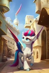 Size: 2048x3072 | Tagged: artist needed, safe, ai assisted, ai content, generator:purplesmart.ai, generator:stable diffusion, prompter:shad0w-galaxy, zipp storm, pegasus, pony, g5, city, cute, female, high res, hooves, mare, smiling, solo, spread wings, unshorn fetlocks, wings, zephyr heights