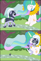 Size: 2000x3000 | Tagged: safe, artist:mariculture, princess celestia, silver sable, alicorn, pony, unicorn, g4, /bale/, armor, canterlot gardens, cute, cutelestia, disguise, duo, duo female, eyes closed, female, flower, folded wings, frog (hoof), frown, guardsmare, helmet, high res, horn, hug, magic, mare, paper-thin disguise, ponerpics import, royal guard, royal guard armor, sitting, smiling, spread wings, sunflower, telekinesis, underhoof, walking, wings