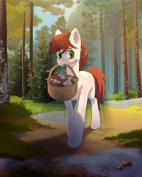 Size: 2328x2894 | Tagged: artist needed, source needed, safe, oc, oc only, earth pony, pony, basket, carrying, forest, high res, light rays, mouth hold, mushroom, solo, tree