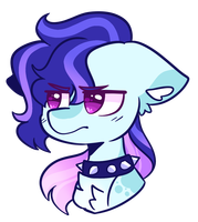 Size: 179x200 | Tagged: safe, artist:moccabliss, oc, oc only, oc:talent spark, earth pony, pony, annoyed, bust, chest fluff, choker, coat markings, earth pony oc, female, floppy ears, frown, mare, no pupils, offspring, parent:coloratura, parent:svengallop, parents:svera, simple background, solo, transparent background