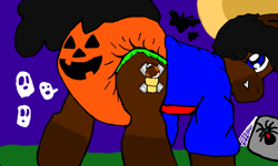 Size: 854x512 | Tagged: safe, artist:cavewolfphil, oc, earth pony, ghost, pony, spider, undead, abdl, clothes, diaper, diaper fetish, fetish, gravestone, halloween, holiday, jack-o-lantern, jacket, male, moon, non-baby in diaper, poofy diaper, pumpkin, pumpkin diaper, rear view, spider web, stallion