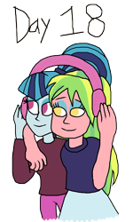 Size: 3000x5000 | Tagged: safe, artist:bigpurplemuppet99, lemon zest, sonata dusk, human, equestria girls, g4, arm around neck, bedroom eyes, disguise, disguised siren, duo, duo female, female, grin, headphones, lemonata, lesbian, listening, listening to music, music, shadowbolts, sharing, sharing headphones, shipping, smiling