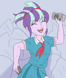 Size: 2362x2775 | Tagged: safe, artist:sumin6301, starlight glimmer, human, equestria girls, g4, clothes, eyes closed, female, game boy, happy, high res, nintendo, open mouth, school uniform, scratches, solo, super mario land, younger