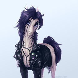 Size: 2000x2000 | Tagged: safe, artist:dementra369, oc, oc only, oc:coffin, earth pony, pony, aromantic pride flag, black eyeshadow, blue background, closed mouth, clothes, cross, cross necklace, eyeshadow, frown, greysexual pride flag, high res, jacket, jewelry, leather, leather jacket, lidded eyes, light blue background, makeup, necklace, pin, pride, pride flag, pride flag pin, purple eyes, safety pin, simple background, solo, standing