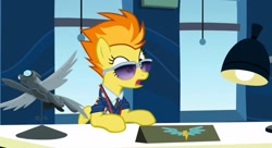 Size: 2160x1176 | Tagged: safe, screencap, spitfire, pegasus, pony, g4, wonderbolts academy, clothes, desk, desk lamp, drill sergeant, female, lamp, mare, necktie, office, solo, spitfire's office, spitfire's tie, suit, sunglasses, uniform, window, wonderbolts dress uniform