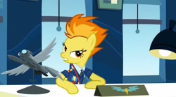 Size: 2160x1200 | Tagged: safe, screencap, spitfire, pegasus, pony, g4, my little pony: friendship is magic, wonderbolts academy, clothes, desk, desk lamp, drill sergeant, female, lamp, mare, necktie, solo, spitfire's office, spitfire's tie, suit, sunglasses, turning, uniform, window, wonderbolts dress uniform