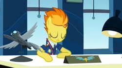 Size: 2160x1200 | Tagged: safe, screencap, spitfire, pegasus, pony, g4, wonderbolts academy, clothes, desk, desk lamp, drill sergeant, eyes closed, female, lamp, mare, necktie, office, solo, spitfire's office, spitfire's tie, suit, uniform, window, wonderbolts dress uniform