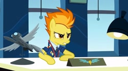 Size: 2160x1207 | Tagged: safe, screencap, spitfire, pegasus, pony, g4, my little pony: friendship is magic, wonderbolts academy, angry, clothes, desk, desk lamp, drill sergeant, lamp, necktie, office, solo, spitfire's office, spitfire's tie, stern, suit, uniform, window, wonderbolts dress uniform