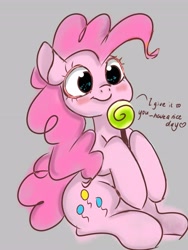 Size: 3072x4096 | Tagged: safe, artist:twiliset, pinkie pie, earth pony, pony, g4, blushing, candy, cute, diapinkes, food, gray background, happy, lollipop, looking at you, simple background, smiling, smiling at you, solo