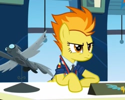 Size: 1412x1136 | Tagged: safe, screencap, spitfire, pegasus, pony, g4, wonderbolts academy, clothes, cropped, desk, drill sergeant, female, mare, necktie, solo, spitfire's tie, stern, suit, uniform, window, wonderbolts dress uniform