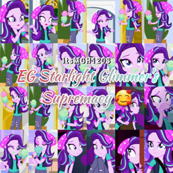 Size: 1920x1920 | Tagged: safe, edit, edited screencap, editor:itsmgh1203, screencap, starlight glimmer, human, equestria girls, equestria girls specials, g4, my little pony equestria girls: mirror magic, beanie, canterlot mall, cinema, covering, covering mouth, eyes closed, female, food, frown, hat, ice cream, ice cream cone, one eye closed, open mouth, open smile, smiling, solo, statue, text, that human sure does love ice cream, that pony sure does love ice cream, wink