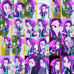 Size: 1920x1920 | Tagged: safe, alternate version, edit, edited screencap, editor:itsmgh1203, screencap, starlight glimmer, human, equestria girls, equestria girls specials, g4, my little pony equestria girls: mirror magic, beanie, canterlot mall, cinema, covering, covering mouth, eyes closed, female, food, frown, hat, ice cream, ice cream cone, one eye closed, open mouth, open smile, smiling, solo, statue, that human sure does love ice cream, that pony sure does love ice cream, wink