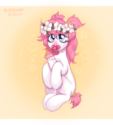 Size: 3000x3326 | Tagged: safe, artist:bloodymrr, oc, oc only, oc:lily, earth pony, pony, abdl, age regression, bottle, cute, floral head wreath, flower, flower in hair, gradient background, high res, pacifier, solo, younger