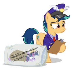 Size: 5500x5200 | Tagged: safe, artist:gypsykumquat, twilight sparkle, oc, oc only, oc:fiery stamp, earth pony, pony, .svg available, absurd resolution, bag, bdsm, body pillow, bondage, clipboard, clothes, crown, delivery, earth pony oc, female, hat, inkscape, jewelry, mailbag, mailmare, mailmare hat, mailmare uniform, mailpony, mailpony uniform, package, pillow, plastic bag, regalia, rope, rope bondage, show accurate, simple background, solo, text, tied up, transparent background, uniform, uniform hat, vector