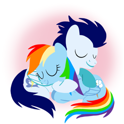 Size: 1400x1400 | Tagged: safe, artist:mlplary6, rainbow dash, soarin', pegasus, pony, g4, boyfriend and girlfriend, female, hug, lying down, male, mare, ship:soarindash, shipping, sleeping, smiling, stallion, straight