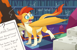 Size: 2000x1295 | Tagged: safe, artist:arcane-thunder, sunburst, dragon, g4, atg 2023, board game, book, bookshelf, dice, dragon pit, dragonburst, dragonified, glasses, indoors, library, male, newbie artist training grounds, open mouth, pony to dragon, post-transformation, solo, species swap, transformation, twilight's castle, twilight's castle library, wait what, wings