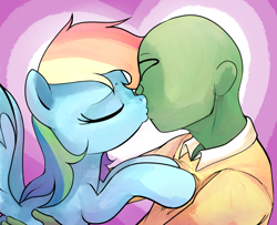 Size: 858x696 | Tagged: safe, artist:dotkwa, rainbow dash, oc, oc:anon, human, pegasus, pony, g4, canon x oc, duo, eyes closed, female, heart, heart background, interspecies, kiss on the lips, kissing, male, mare, straight