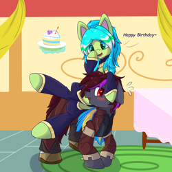 Size: 3000x3000 | Tagged: safe, artist:dreamoonight, derpibooru exclusive, oc, oc only, oc:d'na, oc:skywalk shadow, earth pony, pony, birthday, birthday cake, blue mane, blushing, brown mane, cake, carpet, clothes, desk, duo, earth pony oc, female, food, green eyes, green skin, grey skin, high res, hoof shoes, looking at someone, male, multicolored hair, ponytails, red eyes, riding, riding a pony, socks, text