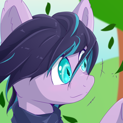 Size: 3000x3000 | Tagged: safe, artist:dreamoonight, derpibooru exclusive, oc, oc only, bat pony, pony, bat pony oc, blue eyes, bust, clothes, high res, leaf, leaves, looking at something, multicolored hair, portrait, purple skin, scarf, smiling, solo