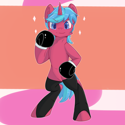 Size: 3000x3000 | Tagged: safe, artist:dreamoonight, derpibooru exclusive, oc, pony, unicorn, bipedal, blue eyes, blue mane, boxing gloves, clothes, confident, high res, horn, looking at you, raised hoof, red skin, smiling, socks, solo, standing on two hooves, unicorn oc