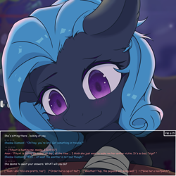 Size: 3000x3000 | Tagged: safe, artist:dreamoonight, derpibooru exclusive, oc, oc:shadow diamond, bat pony, pony, bandage, bat pony oc, blue mane, bust, ear piercing, earring, high res, jewelry, looking at someone, night, piercing, portrait, purple eyes, smiling, solo, speech bubble, text