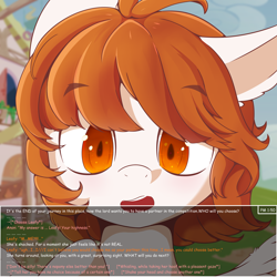 Size: 3000x3000 | Tagged: safe, artist:dreamoonight, derpibooru exclusive, oc, oc:leafy almond, pegasus, pony, bust, female, high res, light skin, looking at you, open mouth, orange eyes, orange skin, pegasus oc, portrait, shocked, solo, speech bubble, text