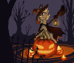 Size: 1400x1200 | Tagged: safe, artist:niehuaisang, oc, oc only, bat, pony, broom, candle, halloween, hat, holiday, jack-o-lantern, lantern, pixel art, pumpkin, solo, tree, witch hat