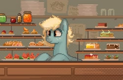 Size: 1670x1080 | Tagged: safe, artist:niehuaisang, oc, oc only, earth pony, pony, cake, cinnamon bun, food, herbivore, pastry, pixel art, shop, solo, watermelon