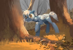 Size: 1736x1200 | Tagged: safe, alternate character, alternate version, artist:niehuaisang, oc, oc only, pegasus, pony, forest, pegasus oc, raised hoof, scenery, solo, tree